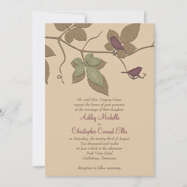 Oiseaux verts pourpres Invitation Mariage de autom (Devant)