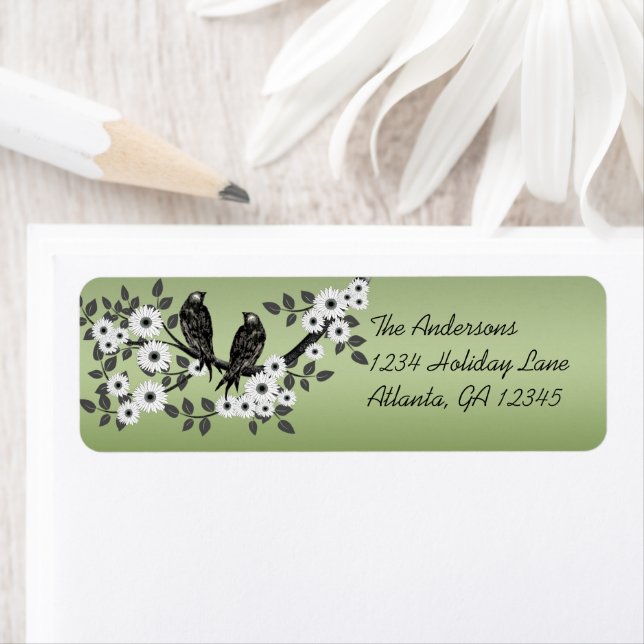 Oiseaux vintages Fleurs blanches Étiquettes verts  (En situation)