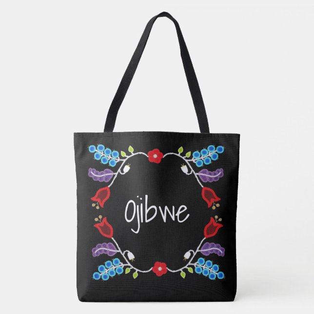 Ojibwe Floral Motif  Black Tote Bag (Front)