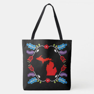 Ojibwe Floral Motif Michigan Black Tote Bag