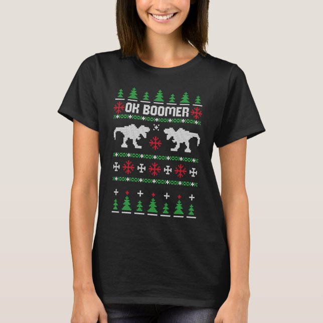 OK BOOMER Dinosaur Ugly Christmas Sweater Meme (Front)