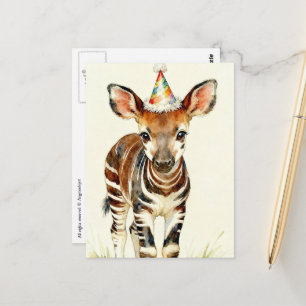Okapi baby in a party hat postcard