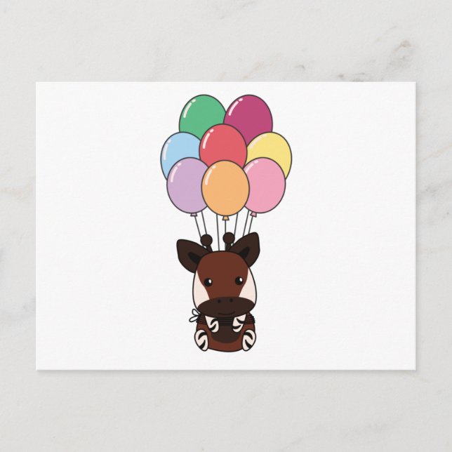 Okapi Flies Up With Colourful Balloons Postcard (Front)
