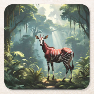 Okapi In The Rainforest, (Zebra Giraffe) Square Paper Coaster