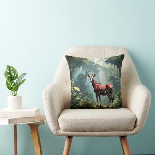 Okapi In The Rainforest, (Zebra Giraffe) Throw Pillow