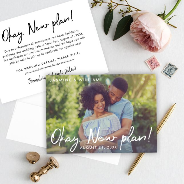 Okay New Plan Handwritten Script Wedding Photo Save The Date (Creator Uploaded)