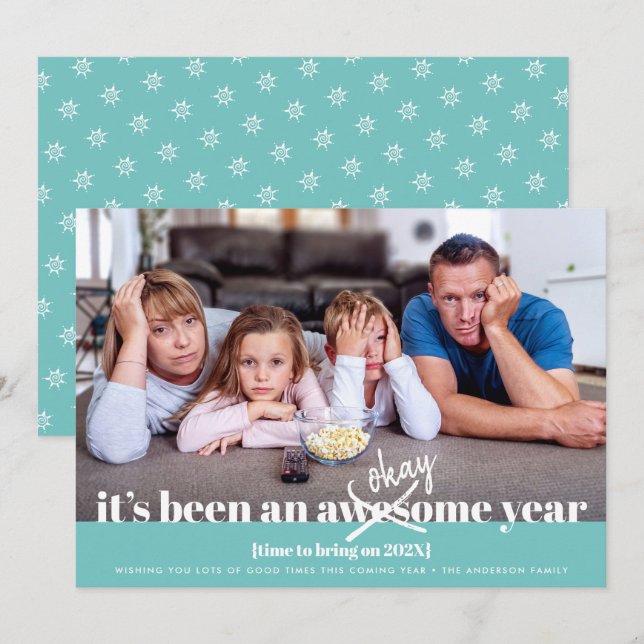 Okay New Year Modern Bold Funny Photo Turquoise Holiday Card (Front/Back)