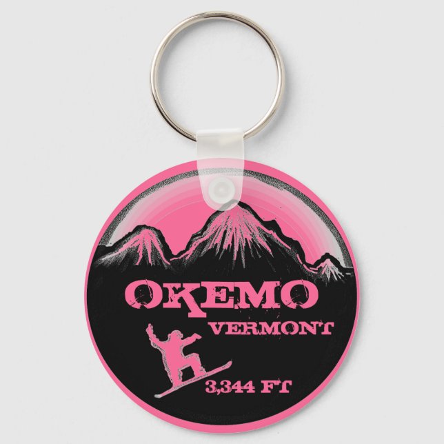 Okemo Vermont pink snowboard art keychain (Front)