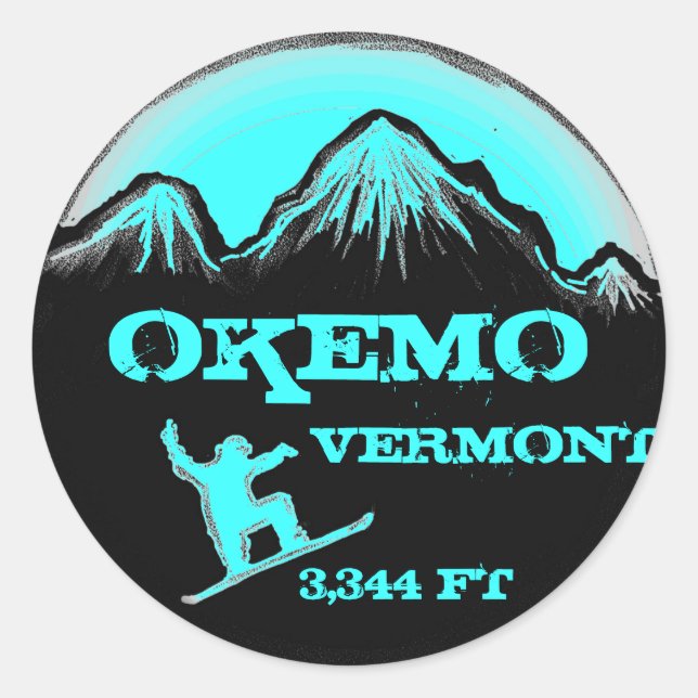 Okemo Vermont teal snowboard art stickers (Front)
