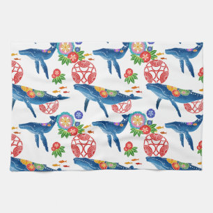 Okianawan bingata style whale pattern kitchen towel