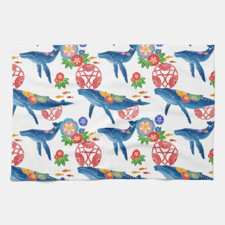 Okianawan bingata style whale pattern kitchen towel