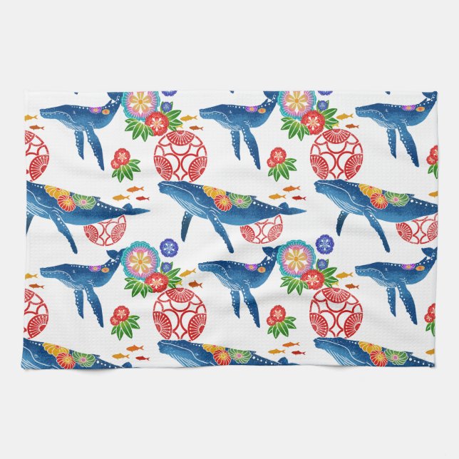 Okianawan bingata style whale pattern kitchen towel (Horizontal)