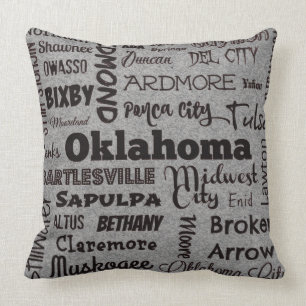 Oklahoma cities throw pillow in grey/black