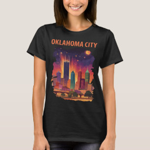 Oklahoma City Neon Skyline Retro Travel T-Shirt