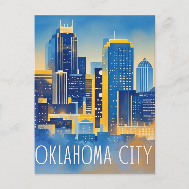 Oklahoma City Night View Watercolor Postcard (Front)