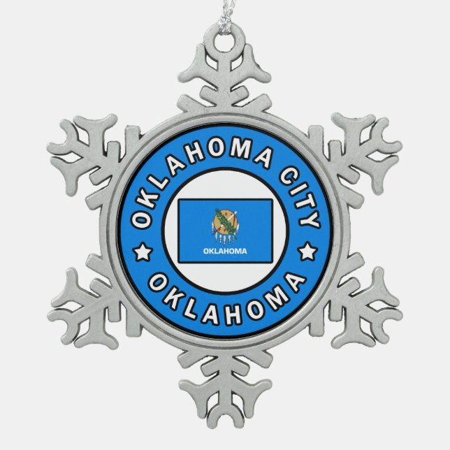 Oklahoma City Oklahoma Snowflake Pewter Christmas Ornament (Front)