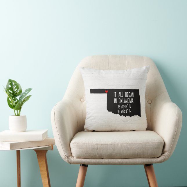 Oklahoma GPS Coordinates with Heart Throw Pillow (Chair)