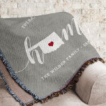 Oklahoma Home State Personalized Throw Blanket<br><div class="desc">Show some home state pride with this cute rustic grey throw blanket featuring "home" in white calligraphy script lettering with a silhouette map of the state of Oklahoma standing in for the letter "O." A red heart illustration inside the state map completes the design; you can change the position of...</div>