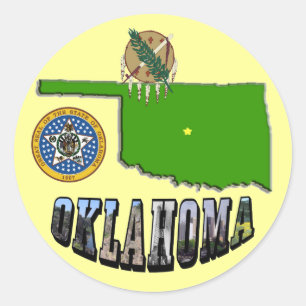 Oklahoma Map Outline, Seal, and Picture Text Classic Round Sticker