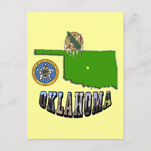 Oklahoma Map Outline, Seal, and Picture Text Postcard (Front)