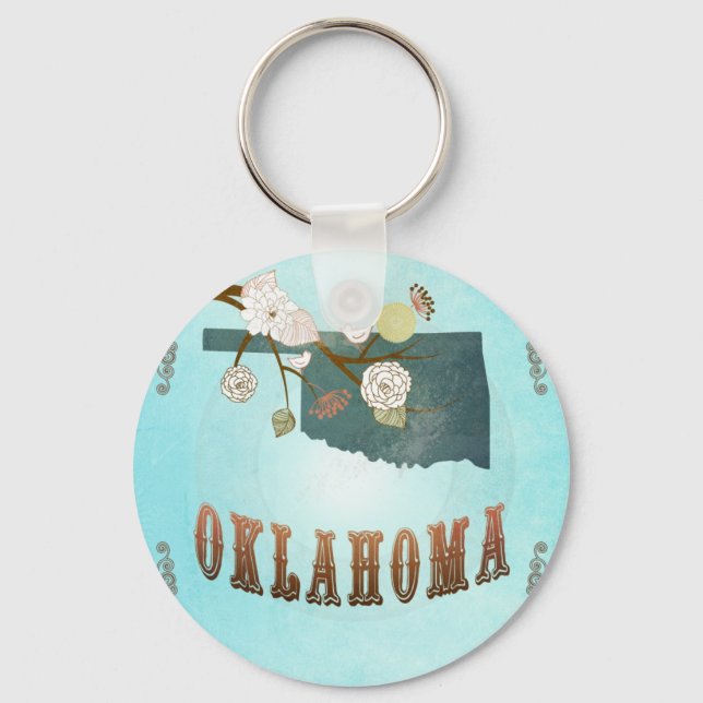 Oklahoma Map With Lovely Birds Keychain (Front)