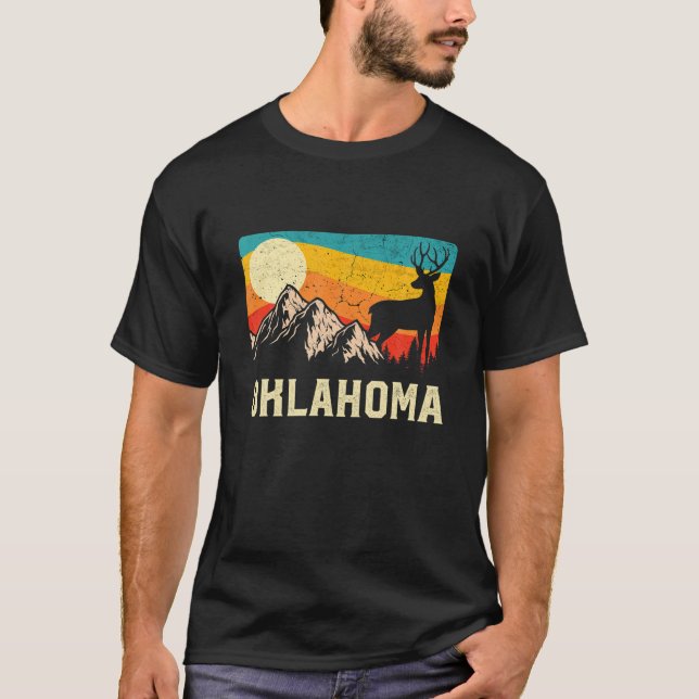 Oklahoma Nature Wild Deer Retro Sunset Hiking T-Shirt (Front)