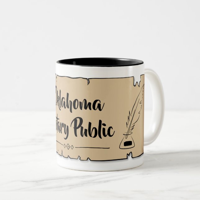 Oklahoma Notary Public Scroll Feather Quill Two-Tone Coffee Mug (Front Right)