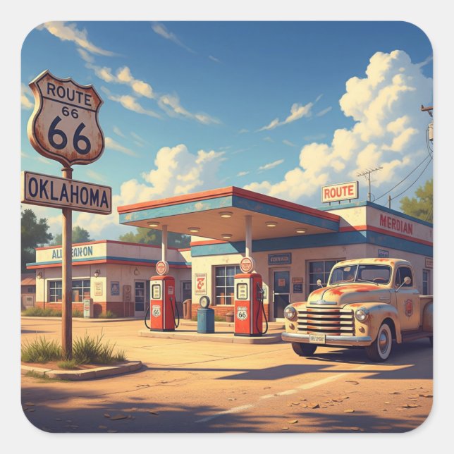 Oklahoma Route 66 Vintage Gas Station Square Sticker (Front)
