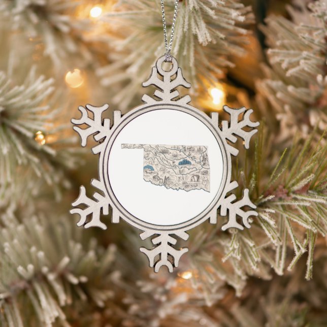 Oklahoma Shaped Retro Picture Map Snowflake Pewter Christmas Ornament (Tree)
