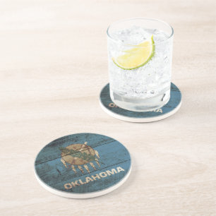 Oklahoma State Flag on Old Wood Grain Coaster