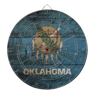 Oklahoma State Flag on Old Wood Grain Dartboard