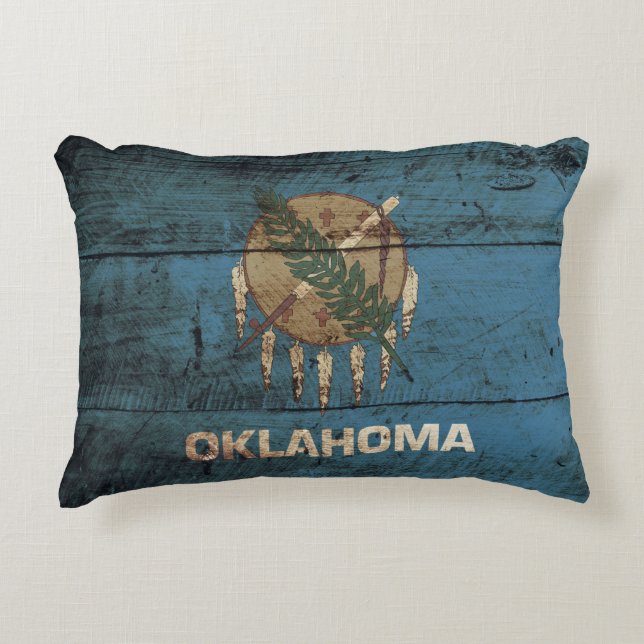 Oklahoma State Flag on Old Wood Grain Decorative Pillow (Front)
