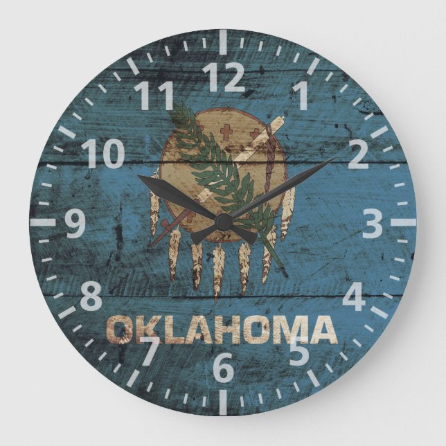 Oklahoma State Flag on Old Wood Grain Large Clock (Front)