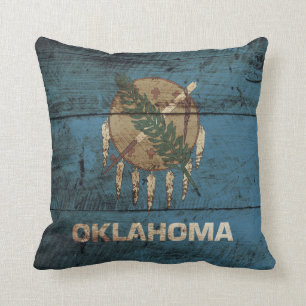 Oklahoma State Flag on Old Wood Grain Throw Pillow