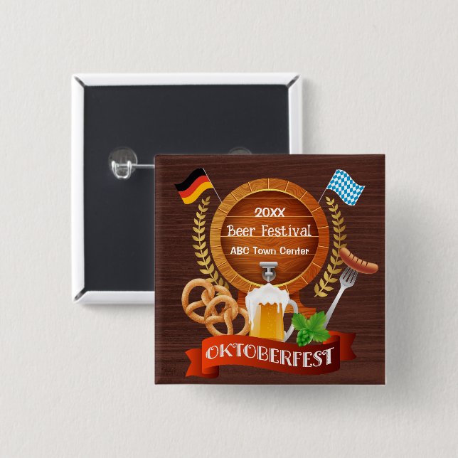 Oktoberfest Beer Barrel 2 Inch Square Button (Front & Back)