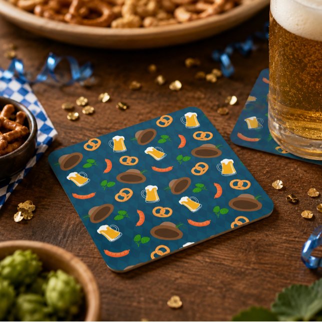 Oktoberfest Beer Bavarian Pattern  Square Paper Coaster (Creator Uploaded)
