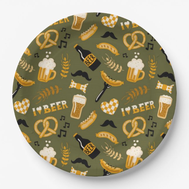 Oktoberfest Beer Food Seamless Pattern Paper Plate (Front)