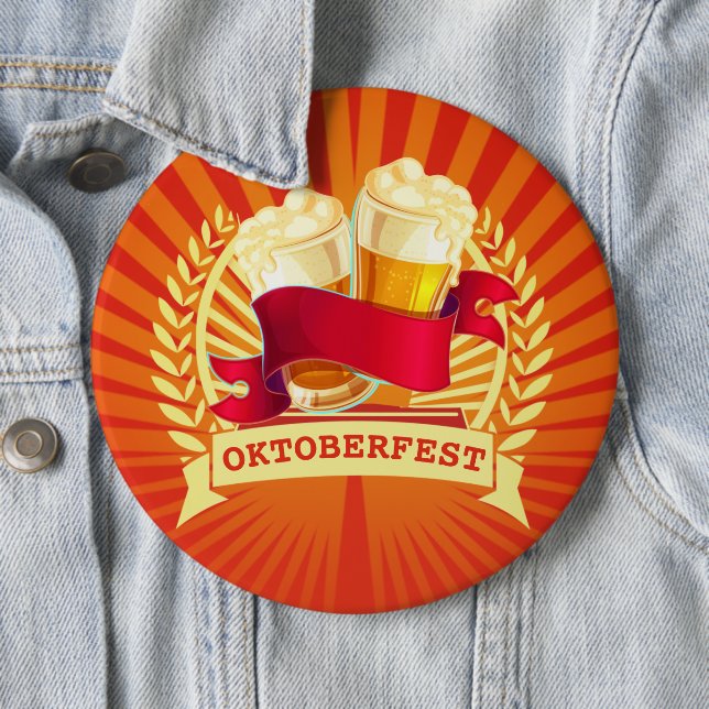 Oktoberfest Beer Glasses on Red Gold Sunburst 6 Inch Round Button (In Situ)