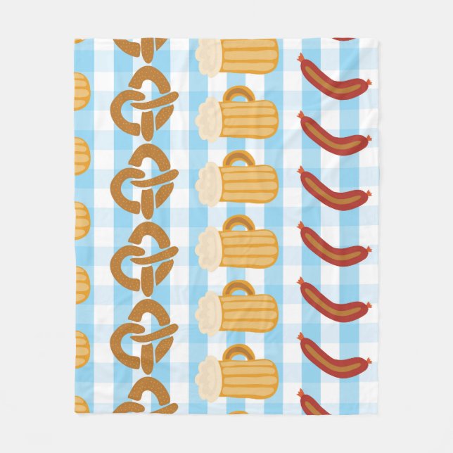 Oktoberfest: beer, pretzel, sausage pattern fleece blanket (Front)