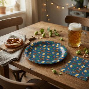 Oktoberfest Beer, Pretzel & Sausage Pattern  Paper Plate