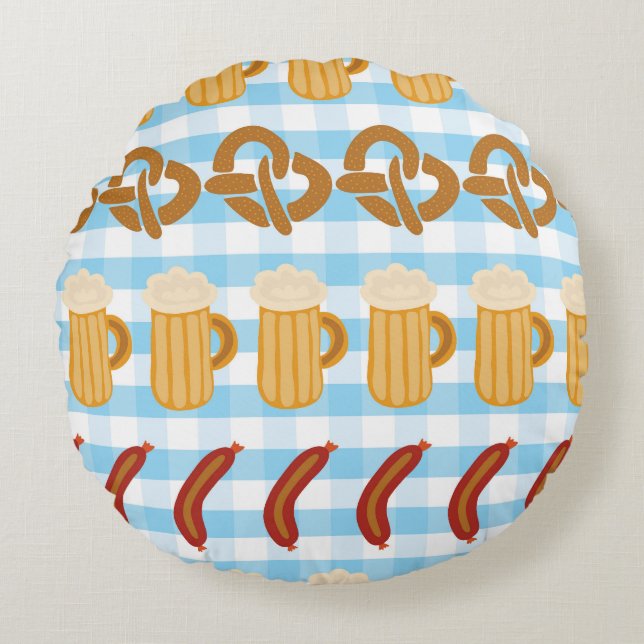 Oktoberfest: beer, pretzel, sausage pattern round pillow (Front)