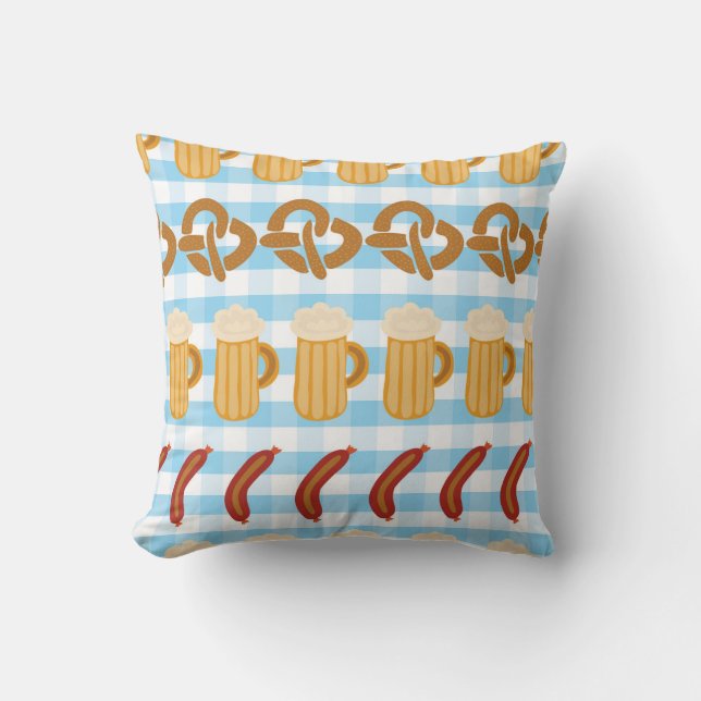 Oktoberfest: beer, pretzel, sausage pattern throw pillow (Front)