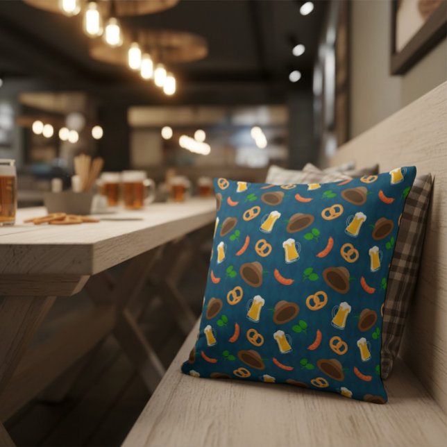 Oktoberfest Beer, Pretzel & Sausage Pattern Throw  Pillow (Creator Uploaded)