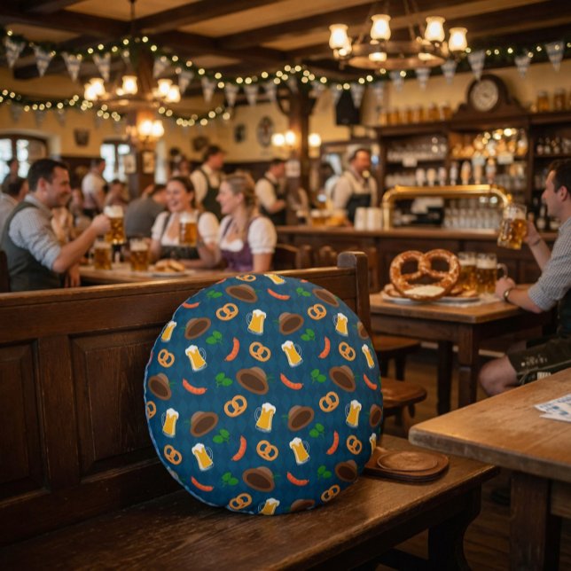 Oktoberfest Beer, Pretzel & Sausage Pattern Throw  Round Pillow (Creator Uploaded)