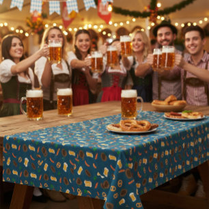 Oktoberfest Beer, Pretzels & Bavarian Pattern  Tablecloth