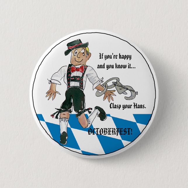 Oktoberfest Cartoon Bavaraian Blue Button Pin (Front)