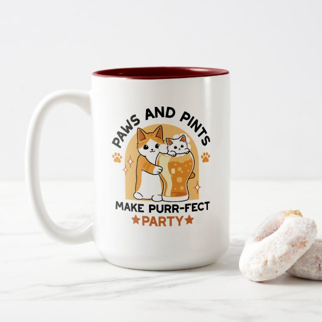 Oktoberfest Cat Party Paws and Pints Two-Tone Coffee Mug (With Donut)