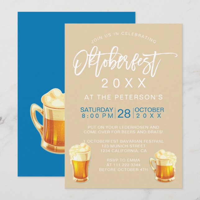 Oktoberfest festival party typography beige blue invitation (Front/Back)