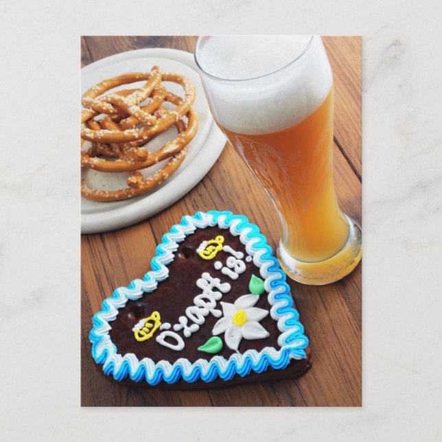 Oktoberfest gingerbread heart with pretzel beer postcard (Front)