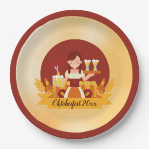 Oktoberfest Woman with Beer and Sausage Paper Plate